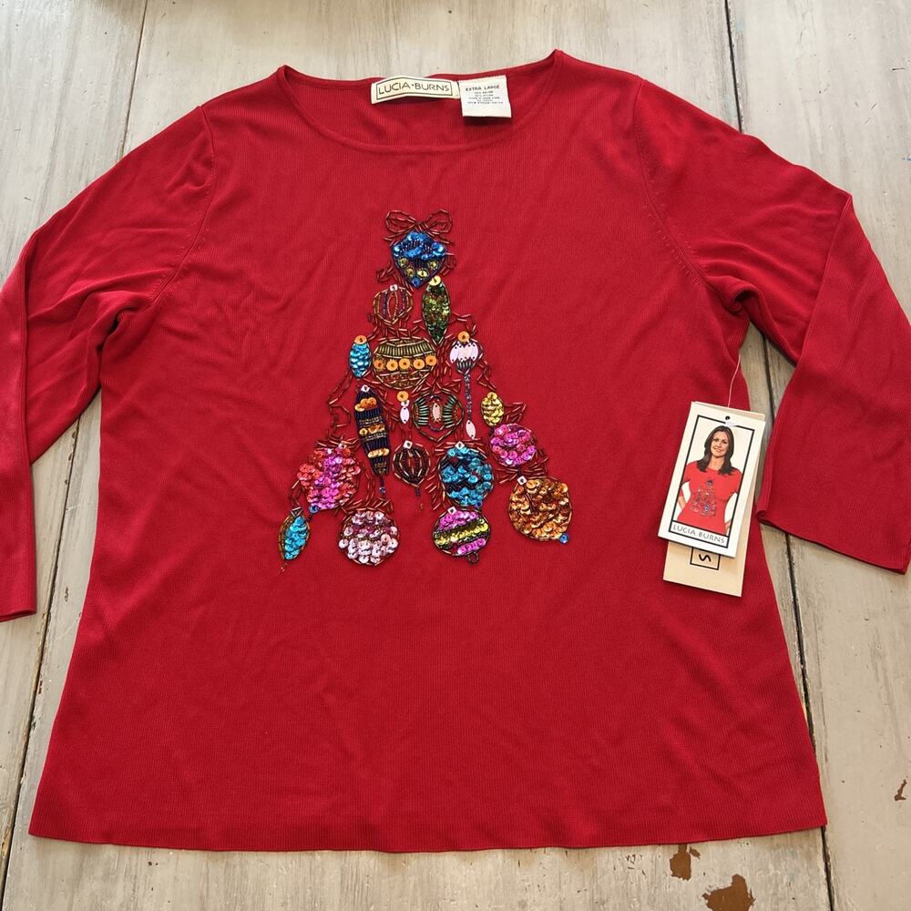 NWT Lucia Burns Red Beaded Sequins Christmas Tree Shirt XL 90s Slinky Party